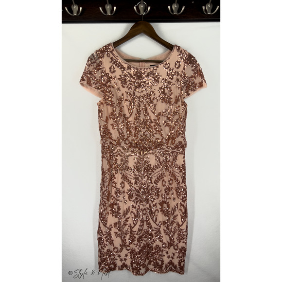 Adrianna Papell Sequin Short Dress Rose Gold Sparkle Floral Coquette Size 10 - Picture 3 of 6